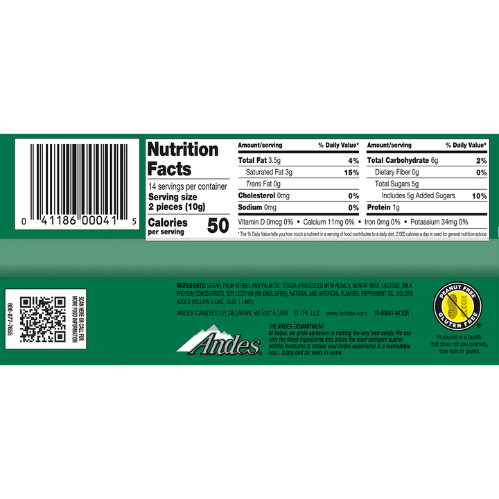 Andes Crème de Menthe Thins (4.67 oz. / 28 ct. Box) Nutrition Facts Panel