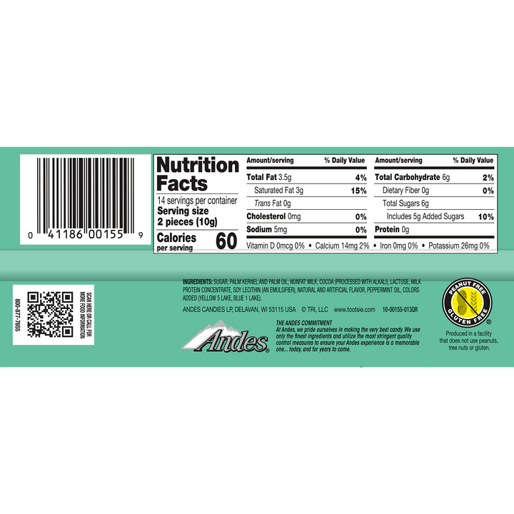 Andes Mint Parfait Thins (4.67 oz. Box) Nutritional Facts Panel