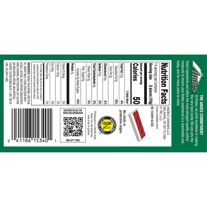 Andes Cherry Jubilee Thins (4.67 oz. Box) Nutrition Facts Panel