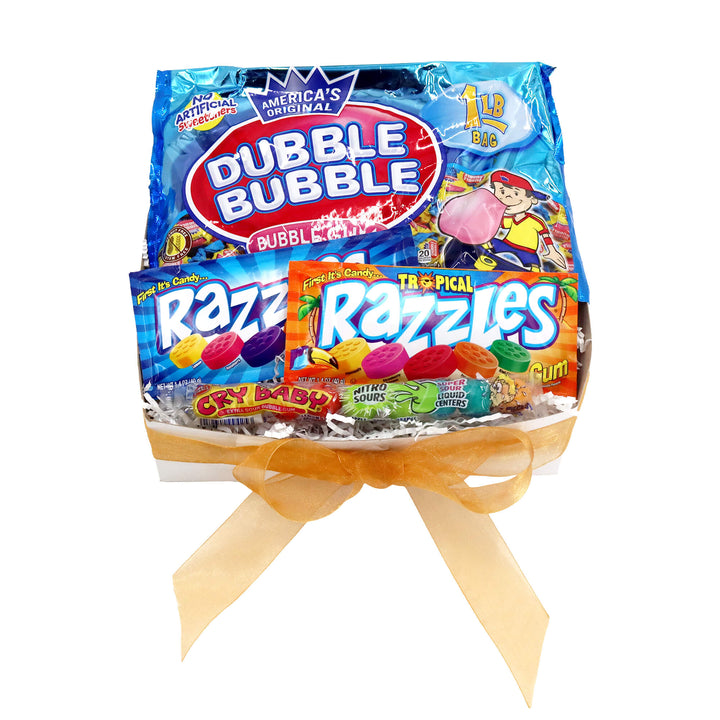 Assorted candy bundle including Dubble Bubble, Razzles, and other brands on a white background