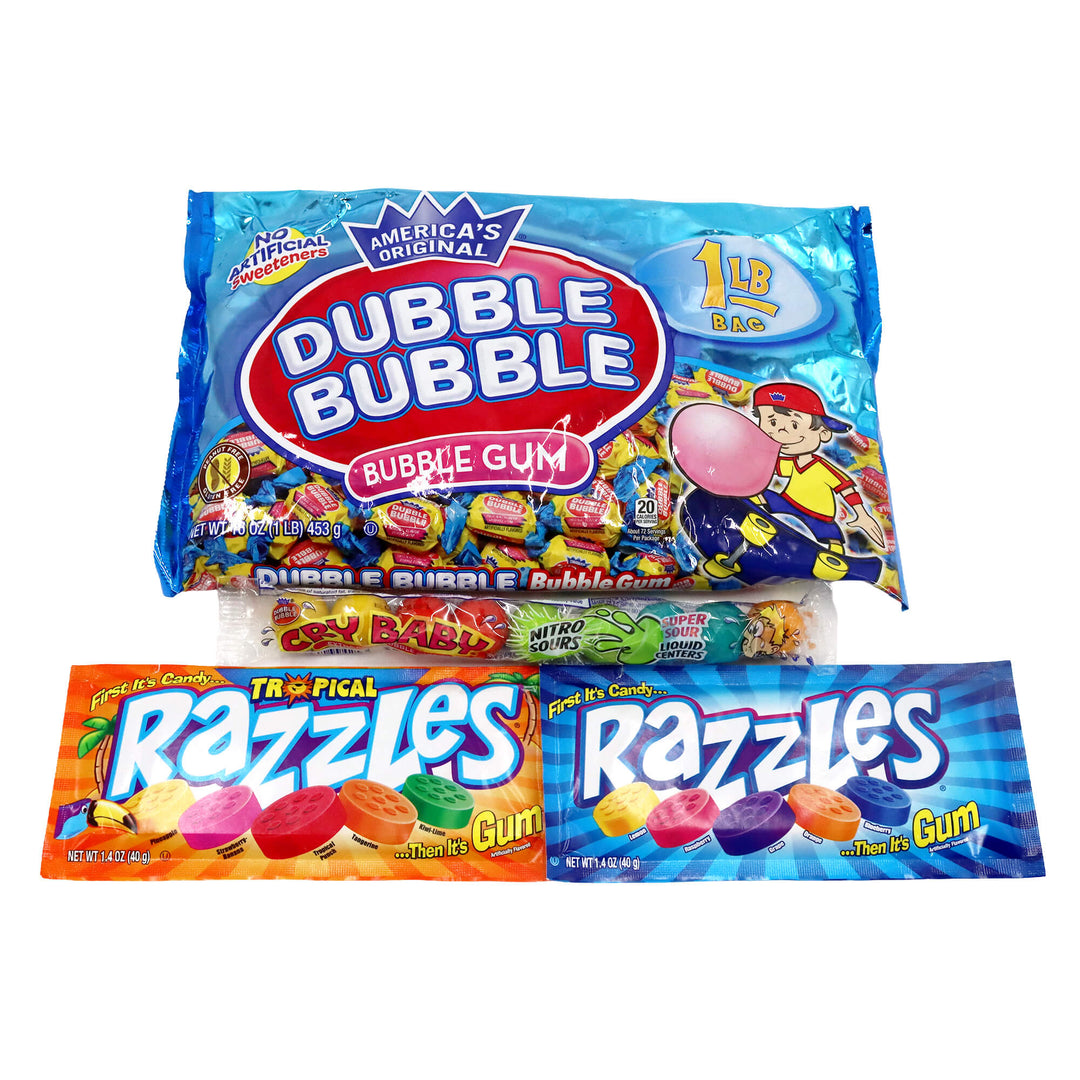 Dubble Bubble and Razzles bubble gum packages on a white background