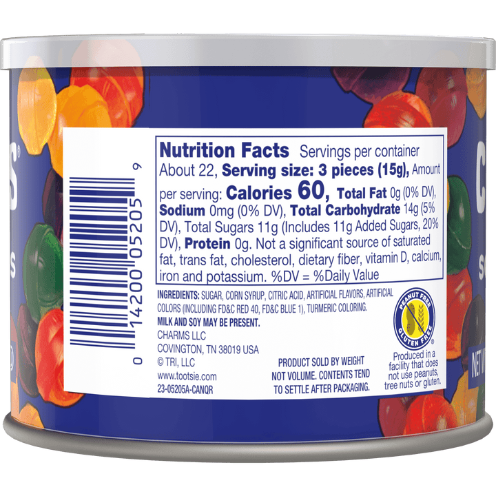 Charms Assorted Sour Balls (12 oz. Canister) Nutrition Facts Panel