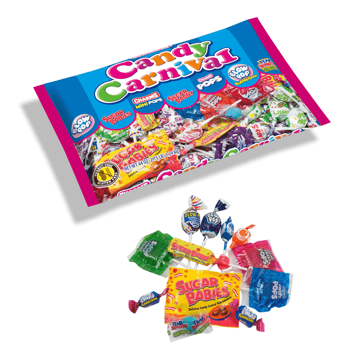 Charms Candy Carnival Assorted Candies Fun Size (44 oz. Bag) with candies in front of bag