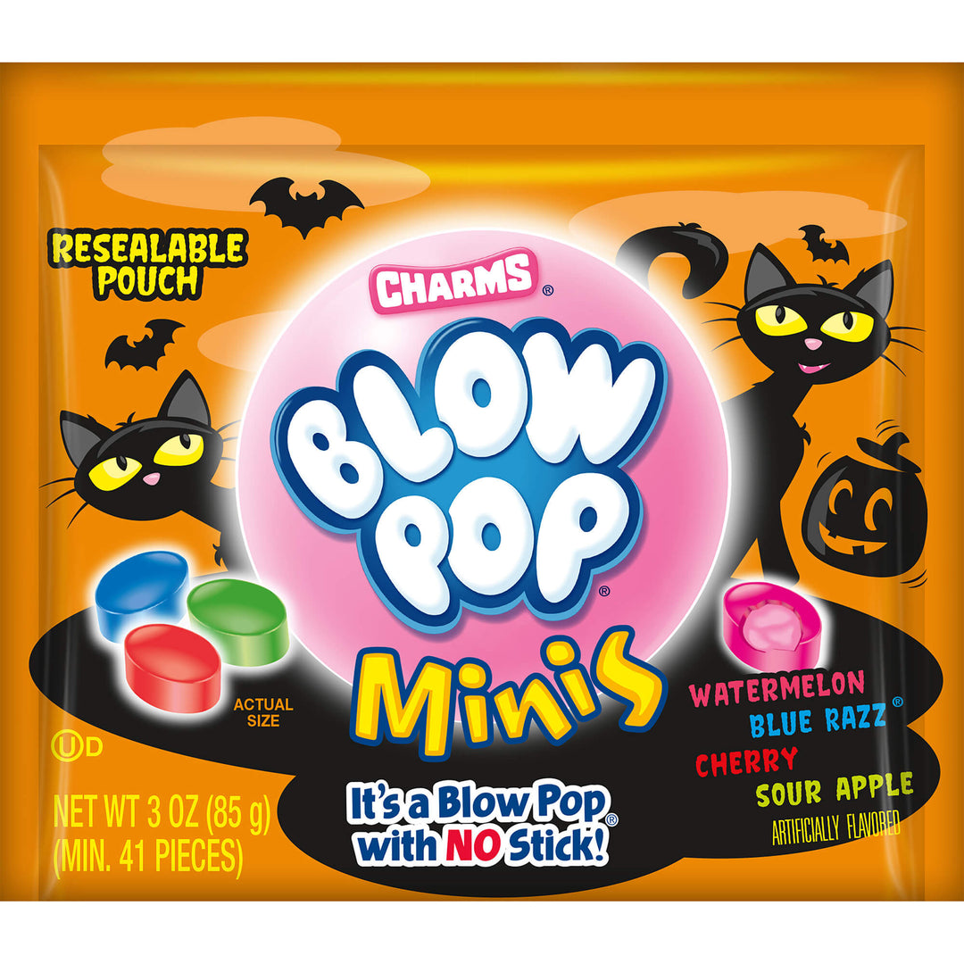 Charms Blow Pop Minis packaging with Halloween-themed design