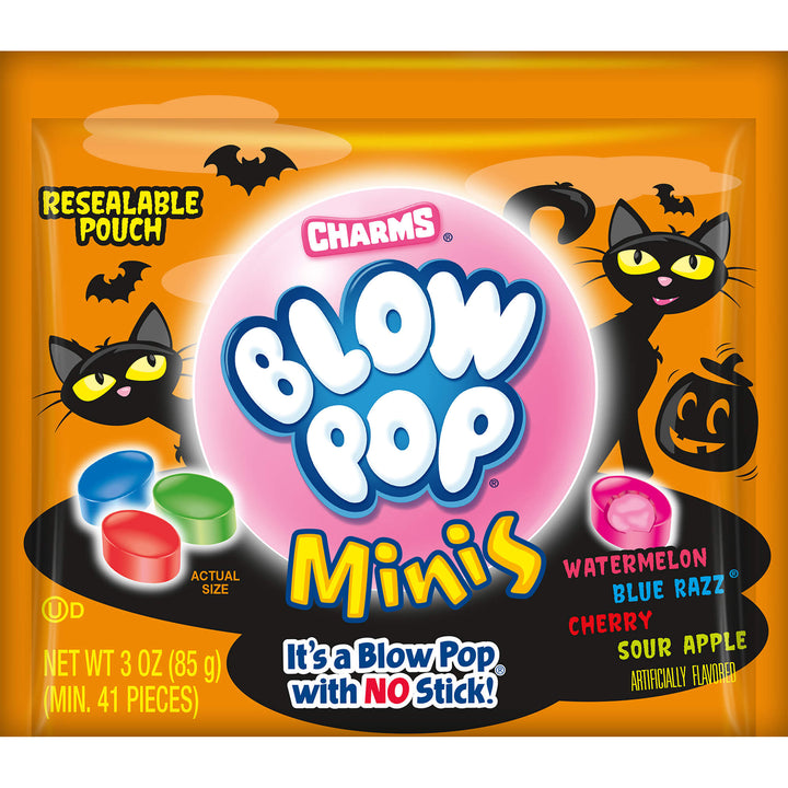 Charms Blow Pop Minis packaging with Halloween-themed design