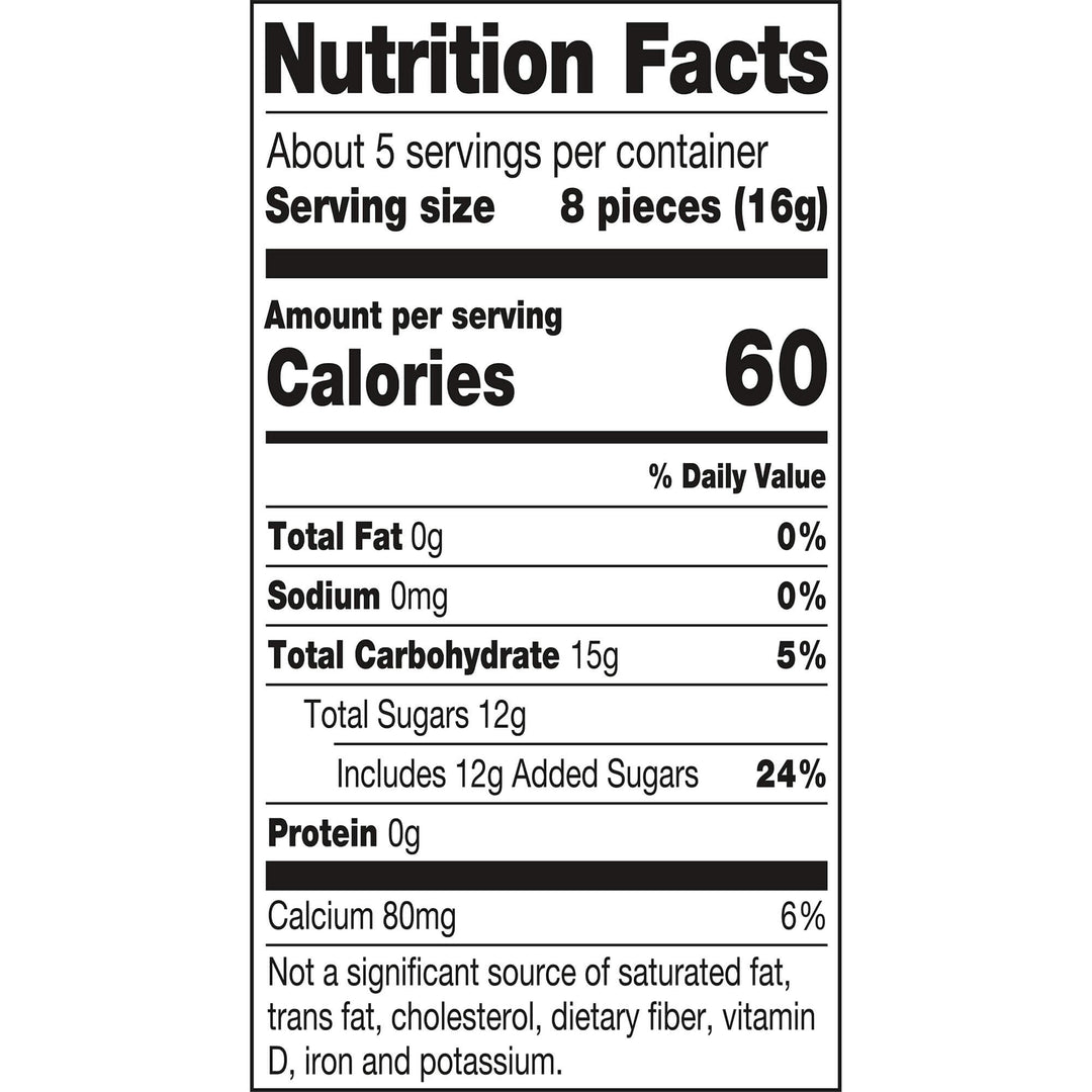 Nutrition facts label for a food product with serving size, calories, and nutritional content details.