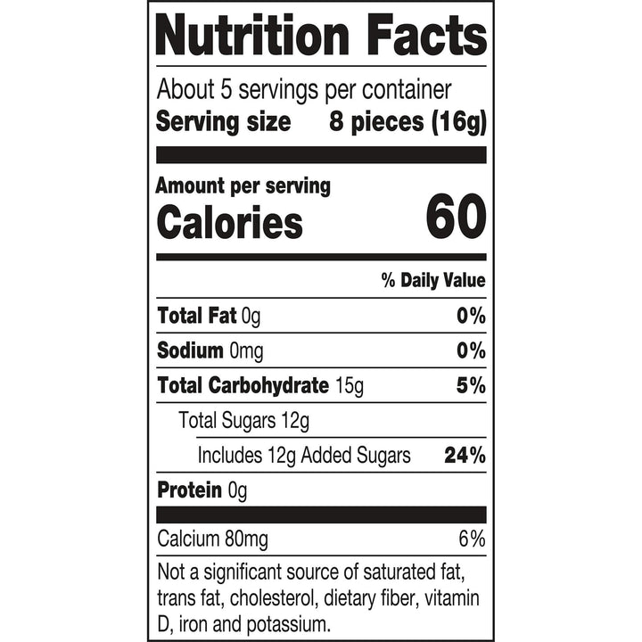 Nutrition facts label for a food product with serving size, calories, and nutritional content details.