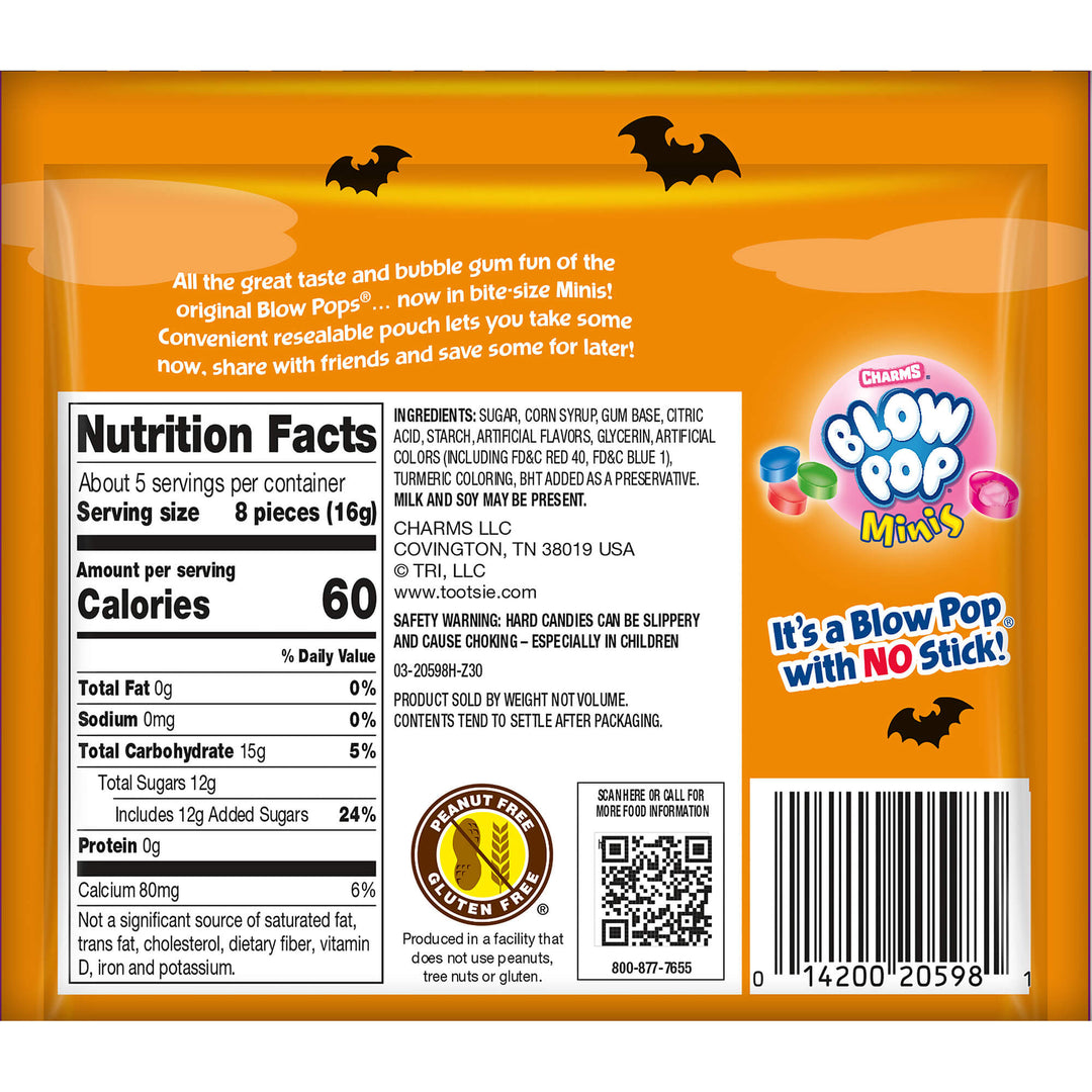 Nutrition facts label and product packaging for Blow Pop Minis with Halloween-themed design.