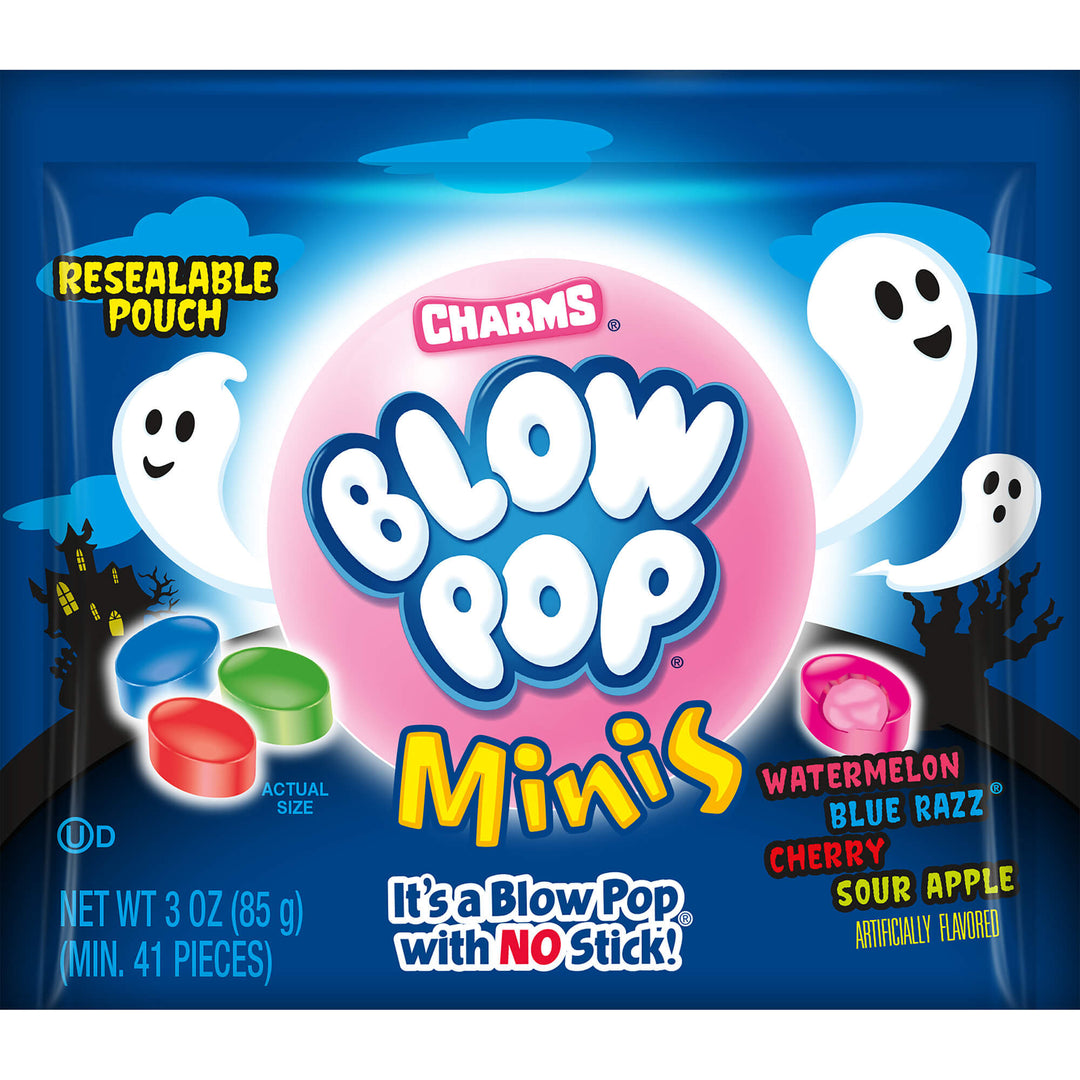 Charms Blow Pop Minis packaging with ghost illustrations on a blue background