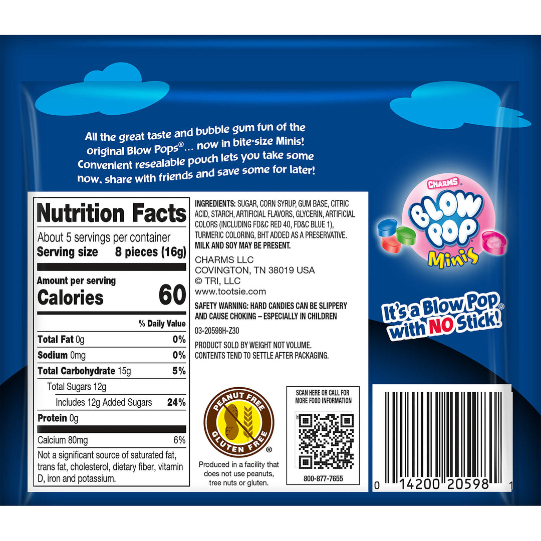 Back of a Blow Pop Minis packaging with nutrition facts and branding.