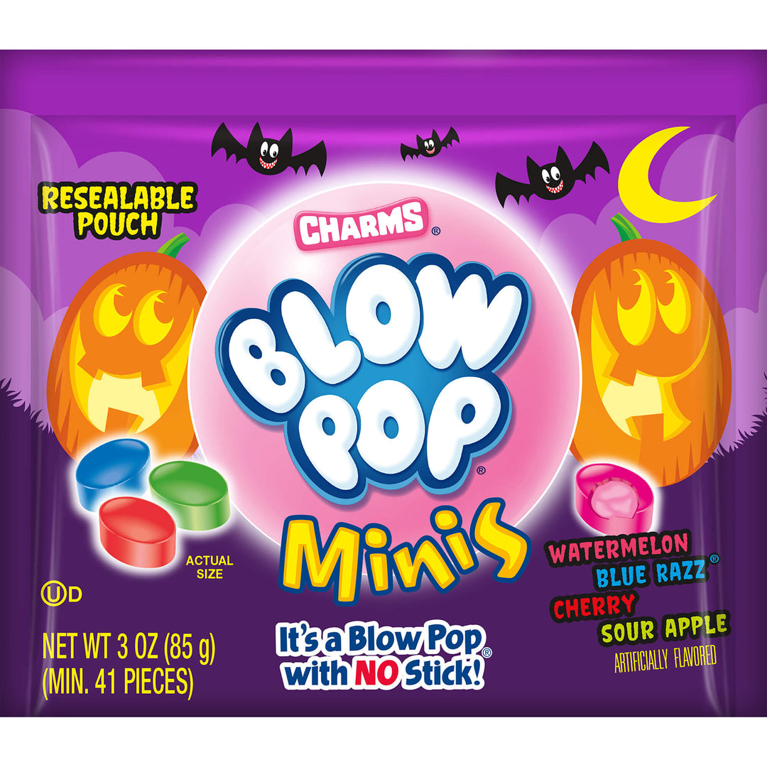 Charms Blow Pop Minis packaging with Halloween-themed design on a purple background