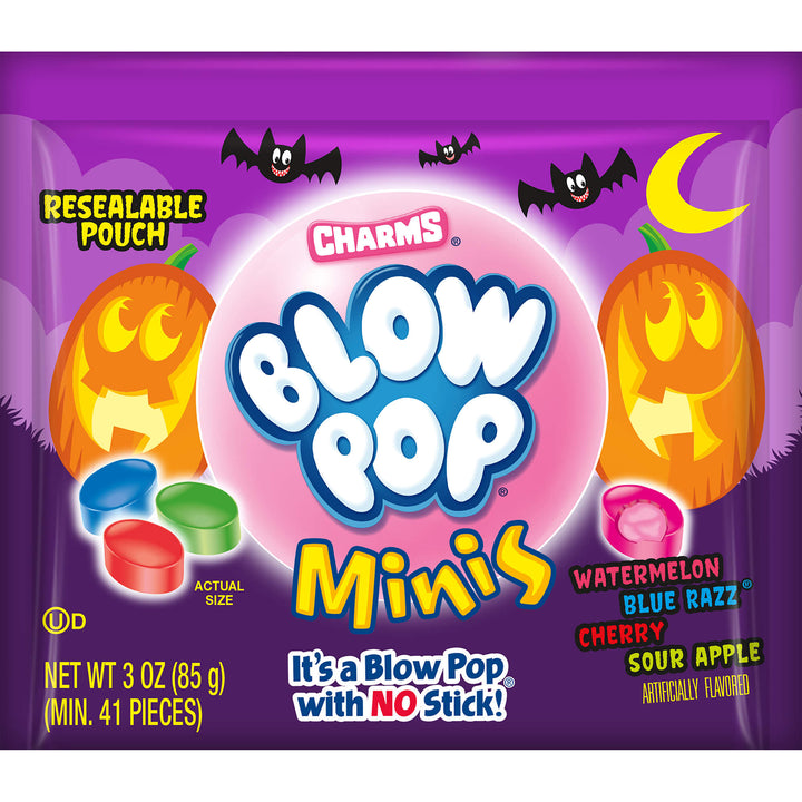 Charms Blow Pop Minis packaging with Halloween-themed design on a purple background