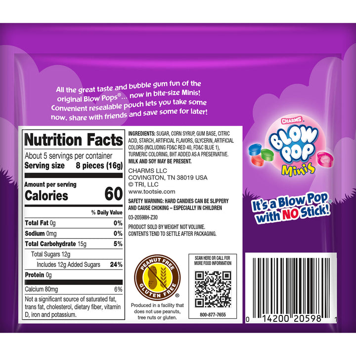 Back of a Blow Pop Minis packaging with nutrition facts and branding.