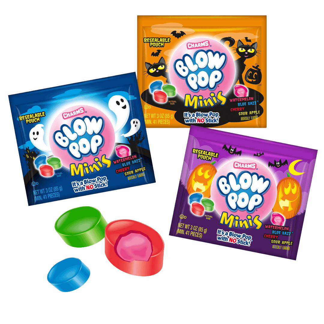 Three packages of Charms Blow Pop Minis with colorful Blow Pop containers.