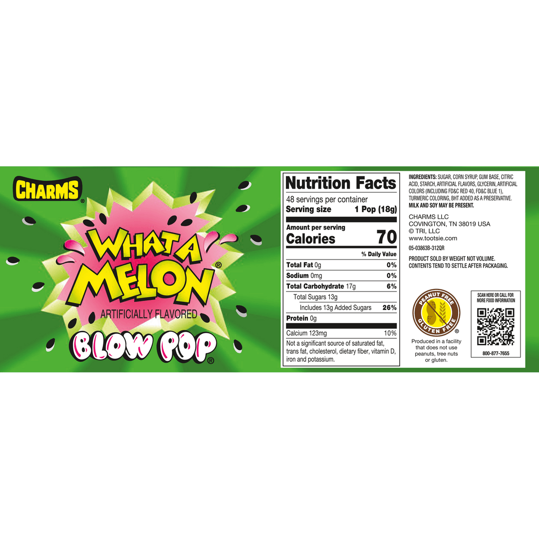 Charms Blow Pop What-A-Melon (48 ct. Box) Nutritional Facts Panel