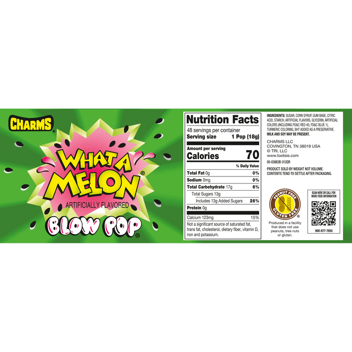 Charms Blow Pop What-A-Melon (48 ct. Box) Nutritional Facts Panel