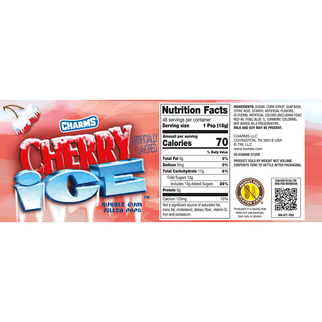 Charms Blow Pop Cherry Ice (15.2 oz. / 48 ct. Box) Nutrition Facts Panel