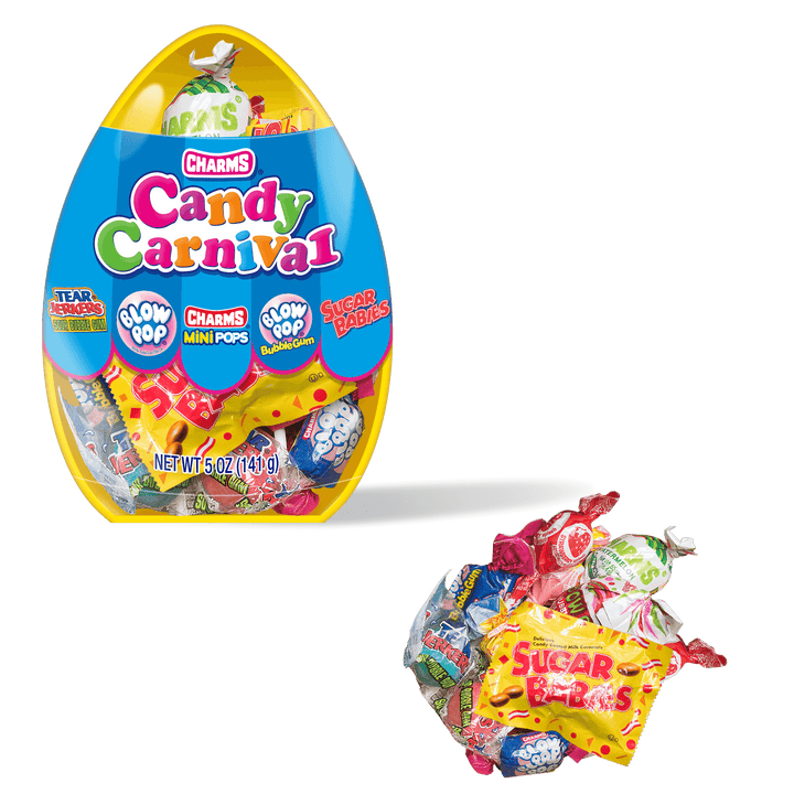 Charms Candy Carnival Easter Filled Jumbo Egg (5 oz. Canister) with candies in front of it