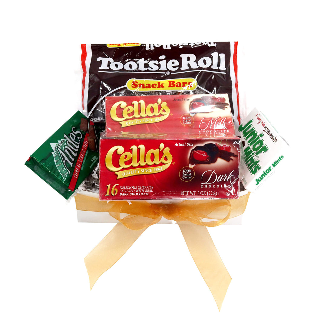 Assorted candy bars including Tootsie Roll, Cella's, and Junior Winks on a white background.