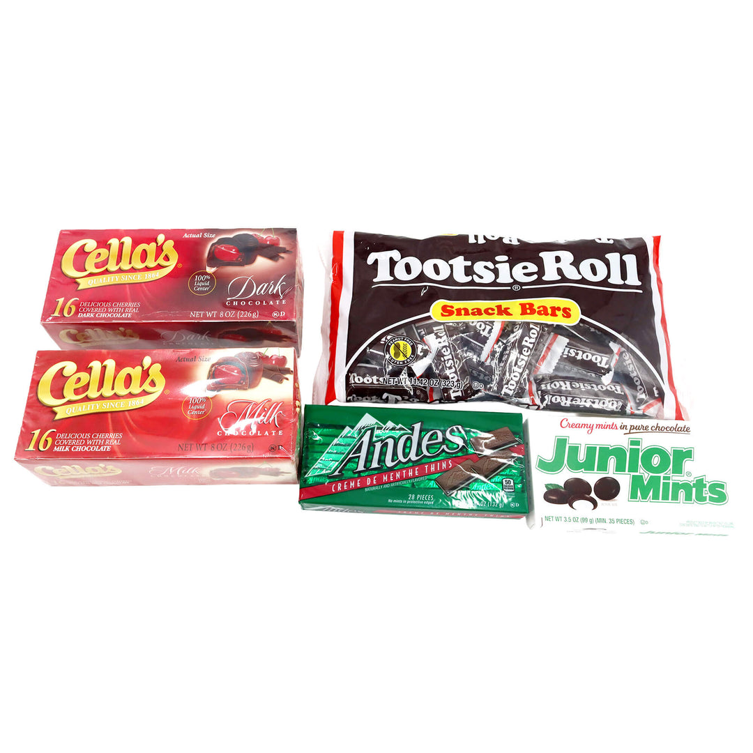 Assorted candy bars including Cella's, Tootsie Roll, Andes, and Junior Mints on a white background