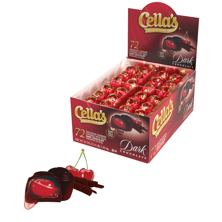 Cella's Dark Chocolate Covered Cherries Individually Wrapped  (2.25 lb / 72 ct. Box) with chocolates and cherries next to it