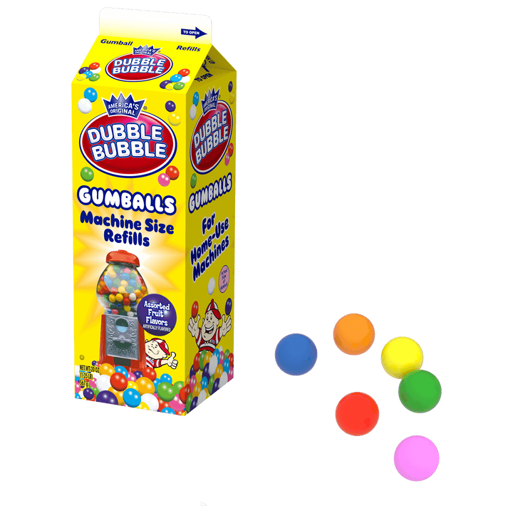 Dubble Bubble Assorted Gumballs (20 oz. Refill Carton) with gum next to it