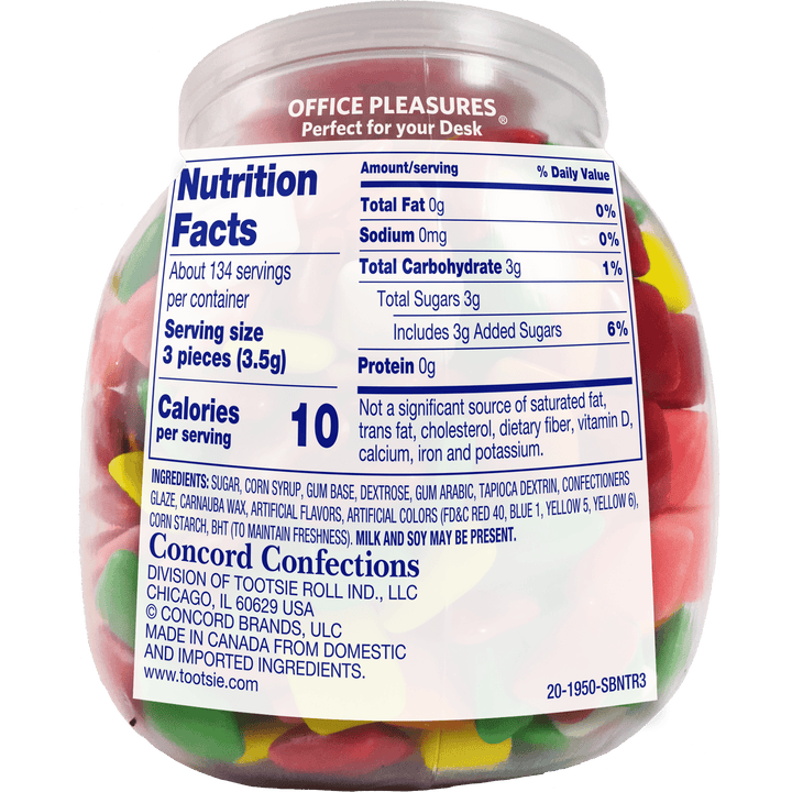 Dubble Bubble Office Pleasures Assorted Chewing Gum (16 oz. Jar) Nutrition Facts Panel