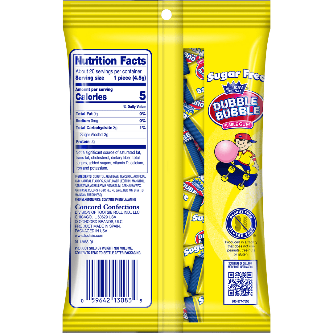 Dubble Bubble Sugar Free Original Twist (3.25 oz. Bag). Nutrition Facts Panel