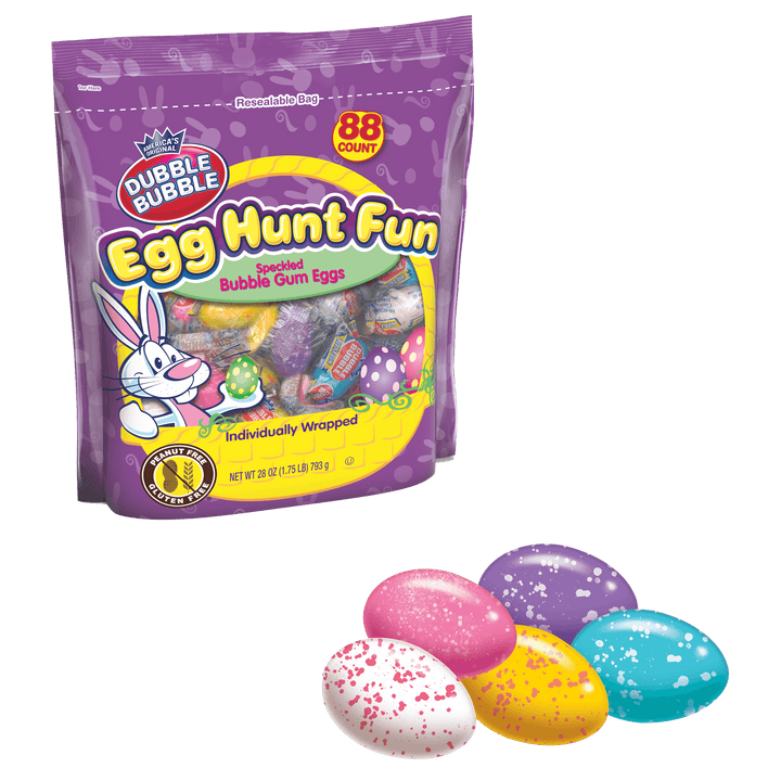 Dubble Bubble Easter Egg Hunt Fun Bubble Gum Eggs Individually Wrapped (28 oz. Bag) with candies next to it