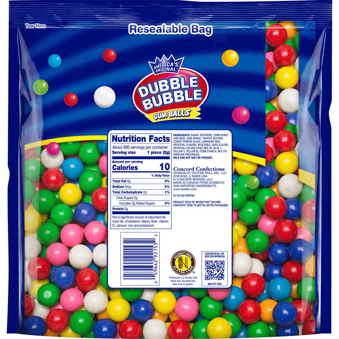 Dubble Bubble Gumballs (3.3 lb Pouch) Nutrition Facts Panel