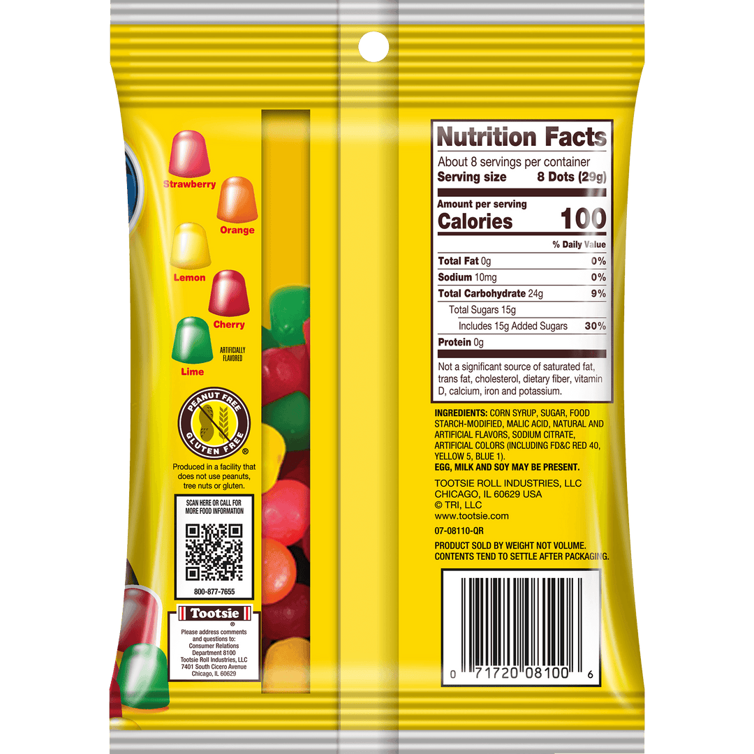 DOTS Assorted Fruit Gum Drops (8 oz. Bag) Nutrition Facts Panel