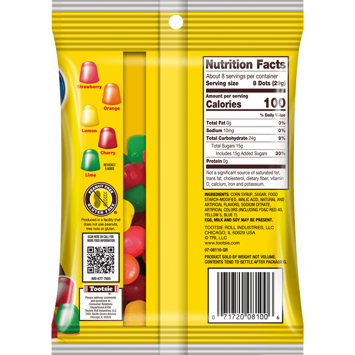 DOTS Assorted Fruit Gum Drops (8 oz. Bag) Nutrition Facts Panel