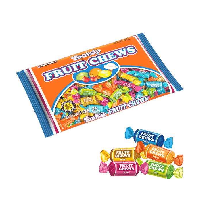 Tootsie Fruit Chews Assorted Flavors(14.37 oz. Bag) with candies in front of it