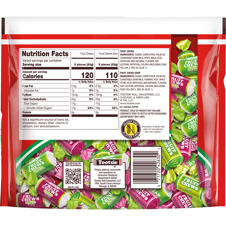 Tootsie Fruit Chews Assorted Holiday Cheer (12 oz. Bag) Nutrition Facts Panel