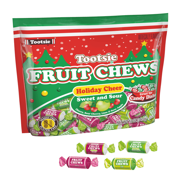 Tootsie Fruit Chews Assorted Holiday Cheer (12 oz. Bag) with candies in front of it