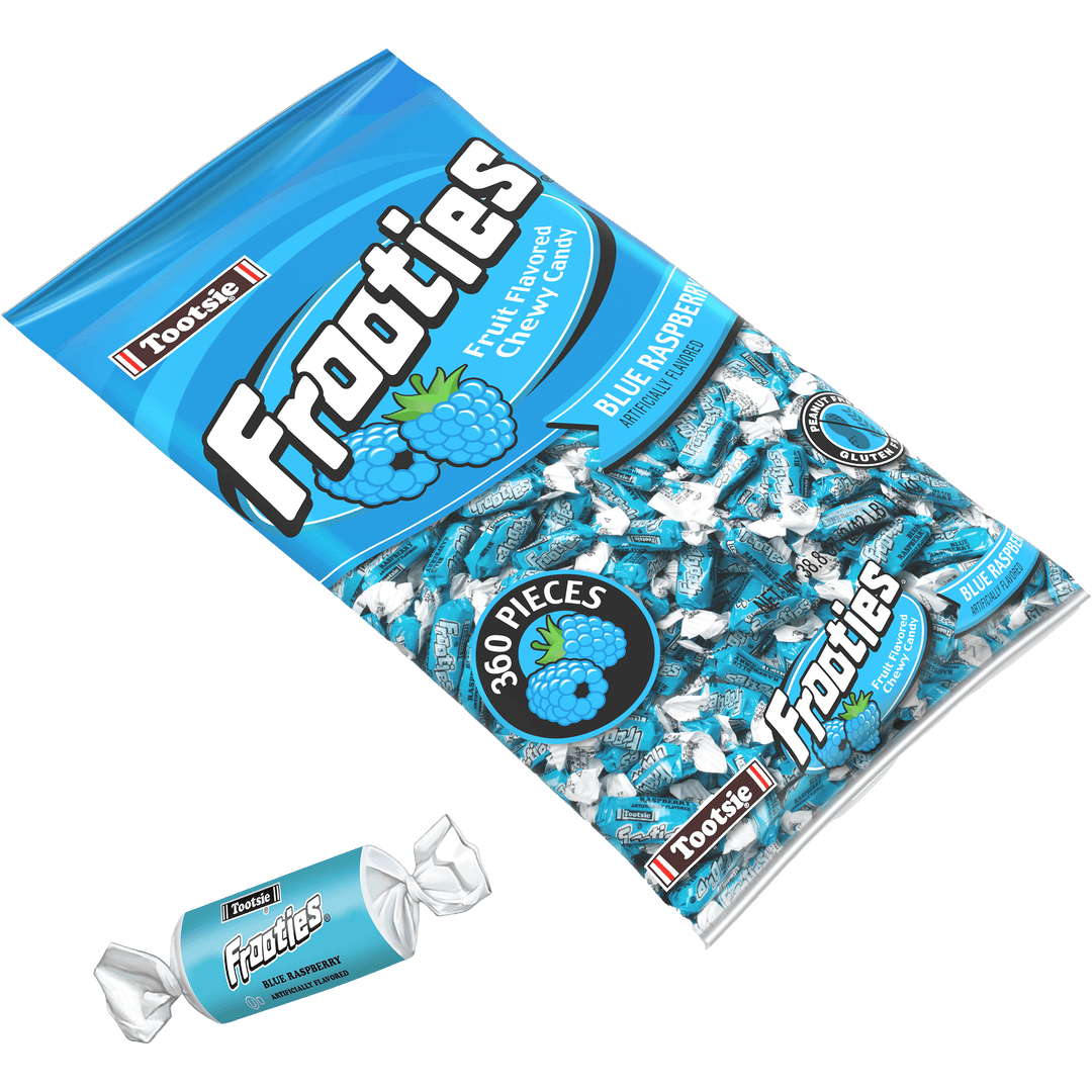 Frooties Blue Raspberry Chewy Candy (38.8 oz. / 360 ct. Bag) with candy next to it