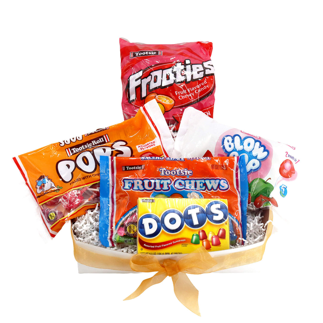 Assorted Tootsie candy bouquet including Frooties, Pops, Fruit Chews, and Dots on a white background.