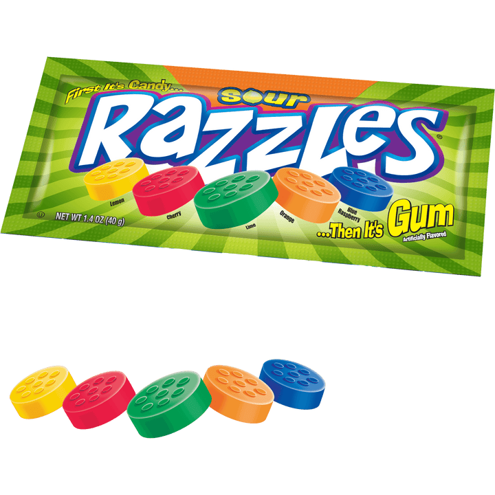Razzles Sour Pouch Gum (1.4 oz. Pouch) with candies next to it