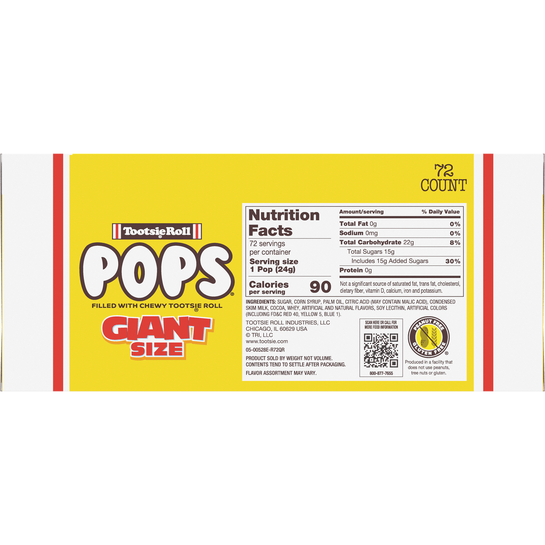 Tootsie Pops Assorted Giant Size (72 ct. Box) Nutrition Facts Panel