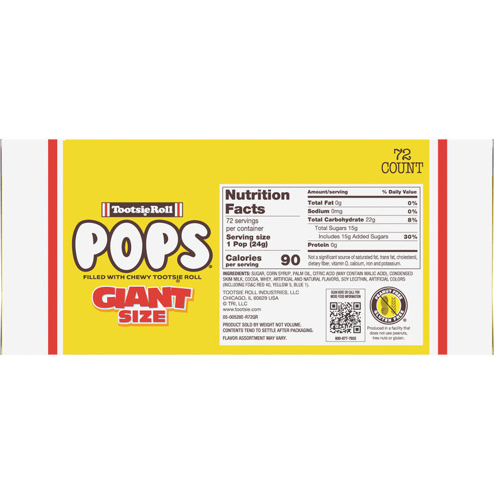 Tootsie Pops Assorted Giant Size (72 ct. Box) Nutrition Facts Panel
