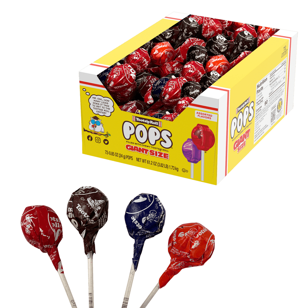 Tootsie Pops Assorted Giant Size (72 ct. Box) with lollipops next to it