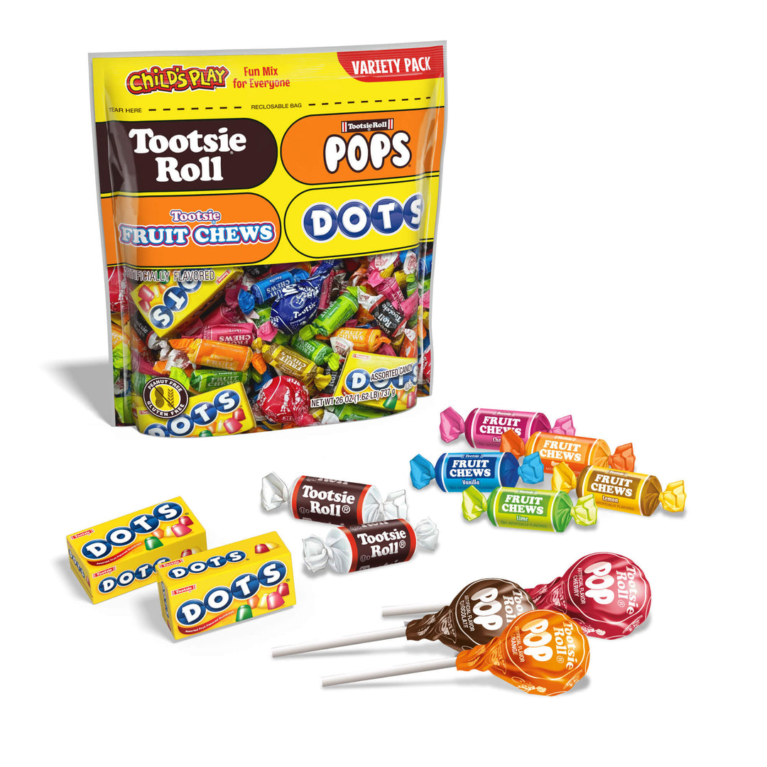 Tootsie Roll Assorted Child's Play  (26 oz. Bag) with candies next to it