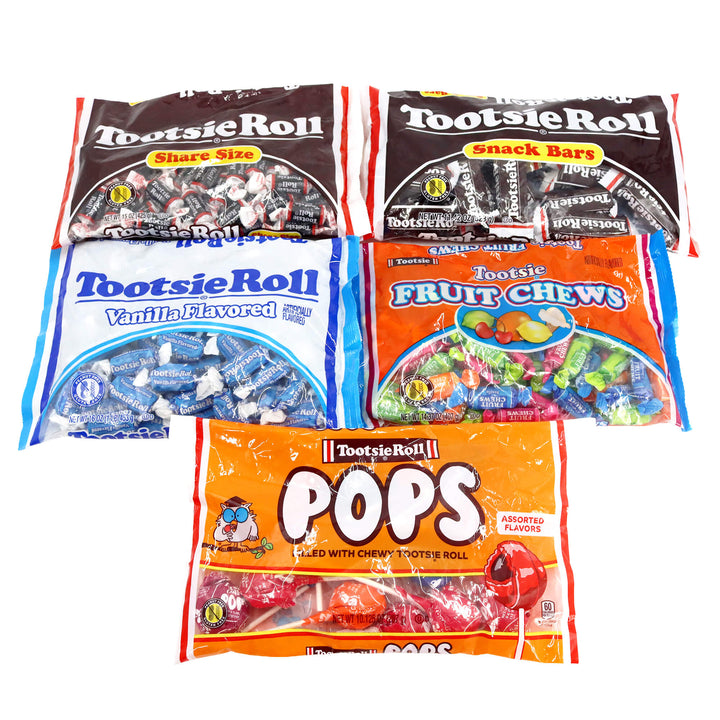 Tootsie Roll Midgees, Tootsie Roll Snack Bars, Tootsie Pop Assorted Flavors, Vanilla Midgees, Fruit Chews Assorted Flavors
