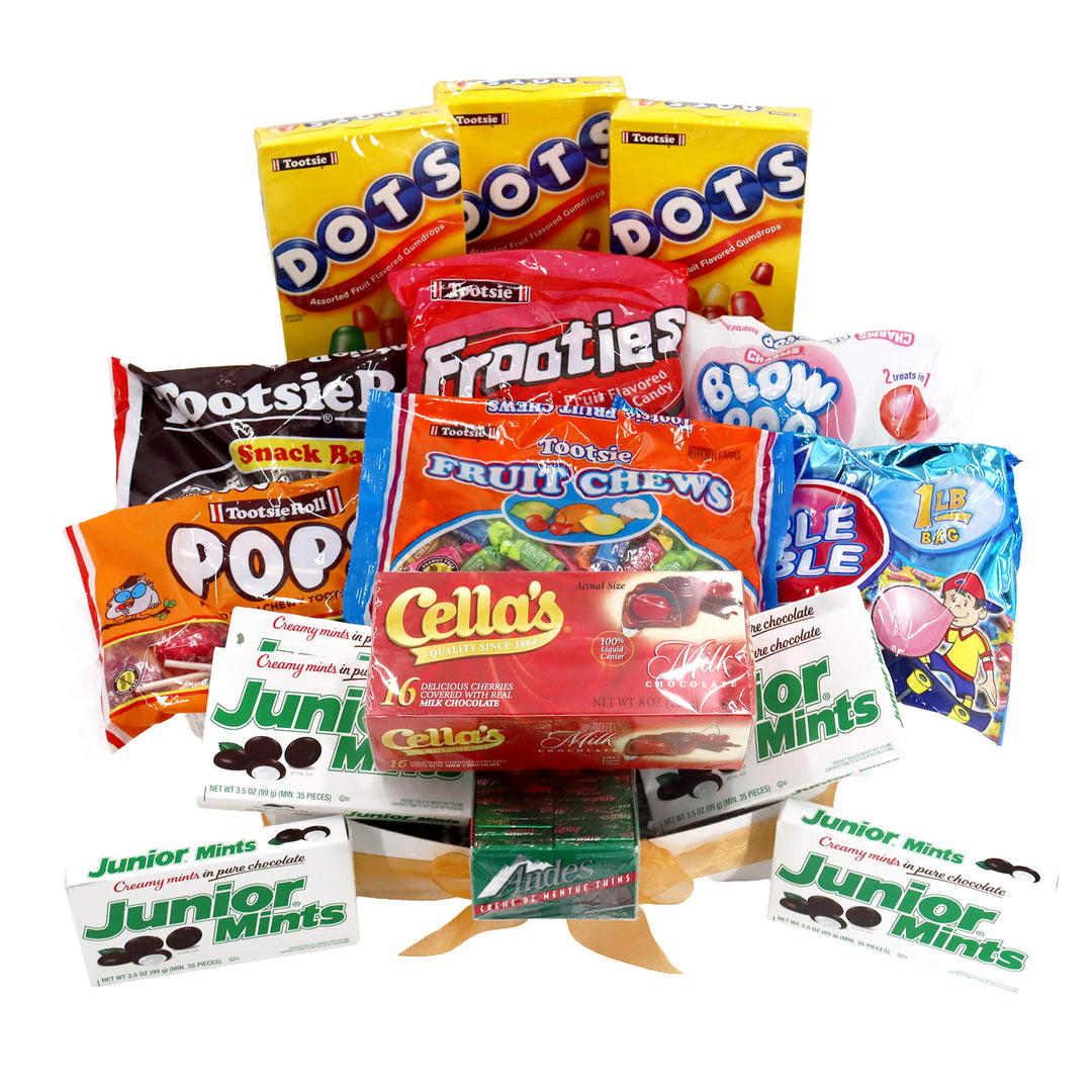 Assorted candy packages including Frooties, Dots, and Junior Mints on a white background