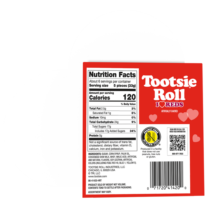 Fruit Chews Valentine Assorted I Heart Reds Fruit Flavored (7 oz. Gifting Heart Box)