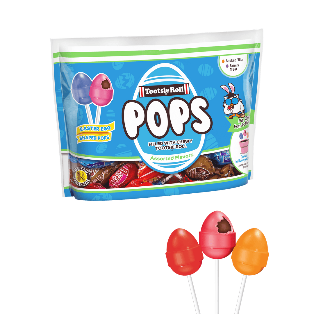 Tootsie Pops Assorted Easter Egg Pops (9 oz. Bag) with lollipops next to it