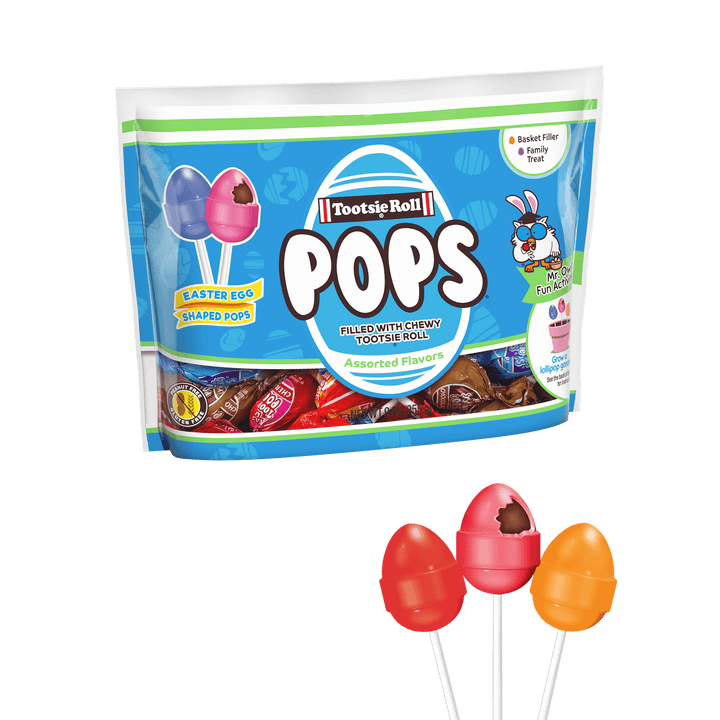 Tootsie Pops Assorted Easter Egg Pops (9 oz. Bag) with lollipops next to it