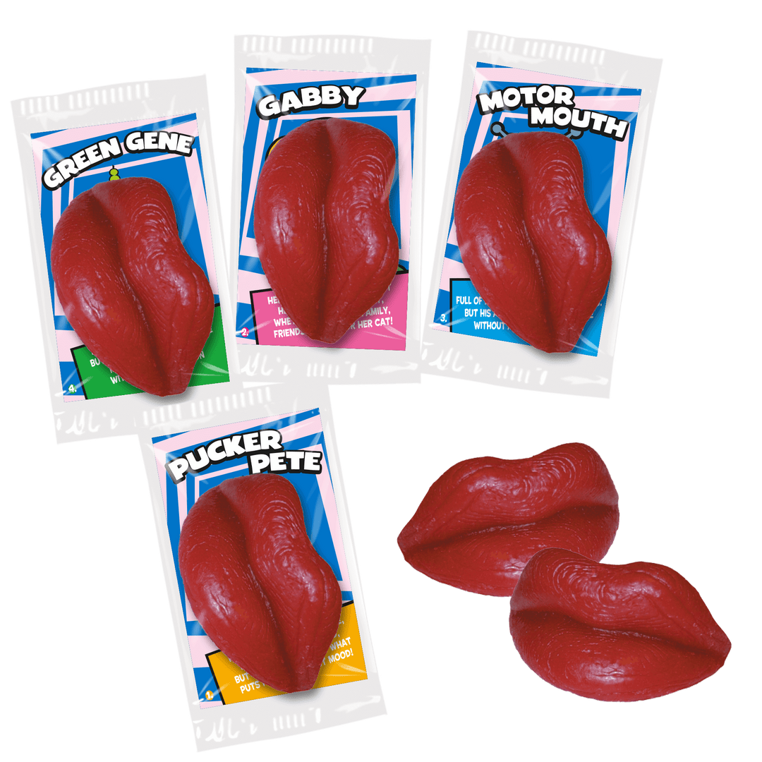 Wack-O-Wax Cherry Wax Lips (1 ct. Bag) with candies next to it