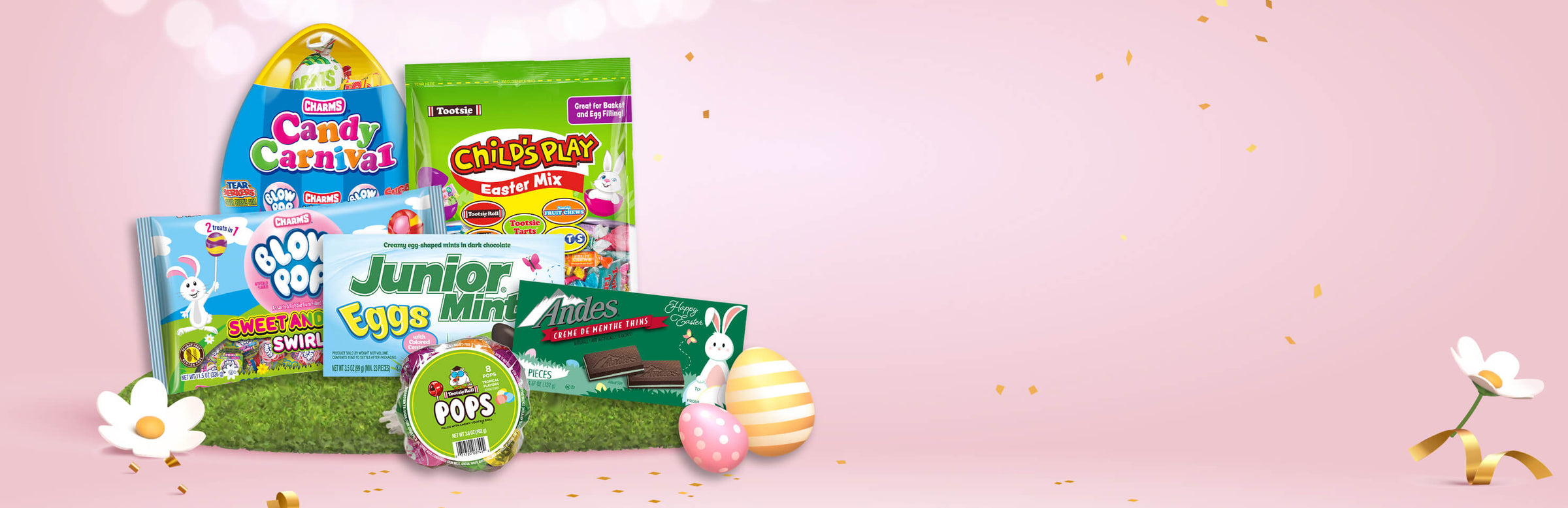 various Tootsie products with Easter theme background