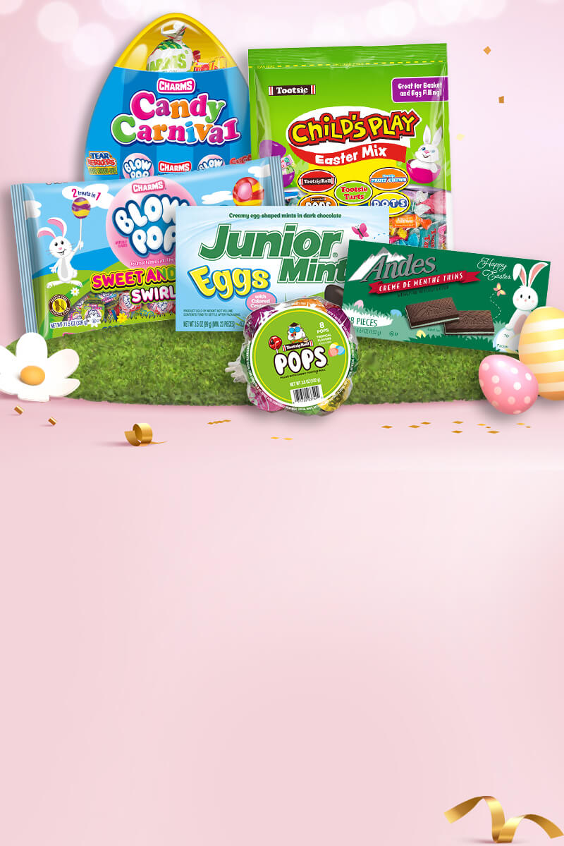 various Tootsie products with Easter theme background